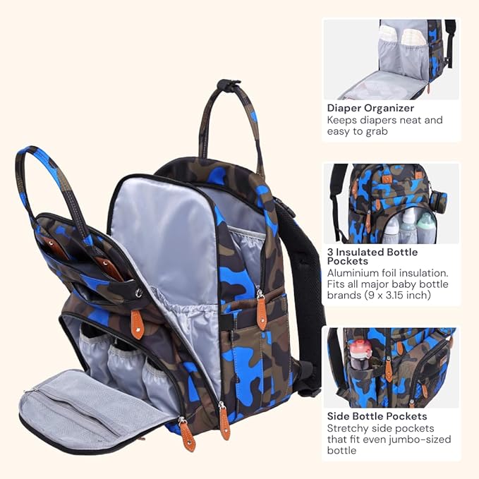 BabbleRoo Diaper Bag Backpack - Baby Essentials Travel Tote - Multi function Waterproof Diaper Bag, Travel Essentials Baby Bag with Changing Pad, Stroller Straps & Pacifier Case - Unisex, Blue Camo-CubbioJoy