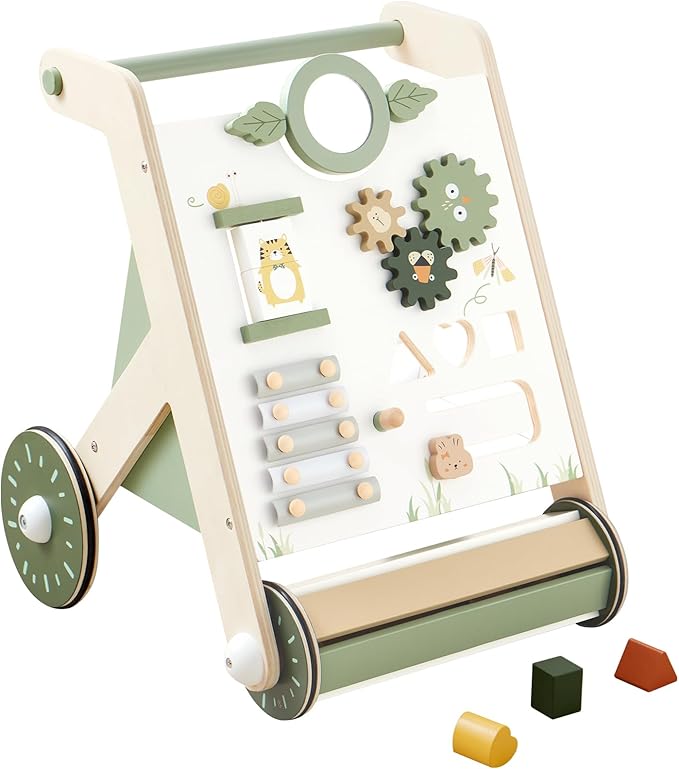 Beright Wooden Baby Walker with Roller Upgraded, Push and Pull Learning Activity Walker, Multi-Functional Kids’ Activity Toys, Develops Motor Skills & Stimulates Creativity, Green-CubbioJoy