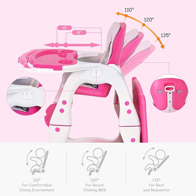 Costzon Baby High Chair, 3 in 1 Infant Table and Chair Set, Convertible Booster Seat with 3-Position Adjustable Feeding Tray, Adjustable Seat Back, 5-Point Harness (Pink)-CubbioJoy