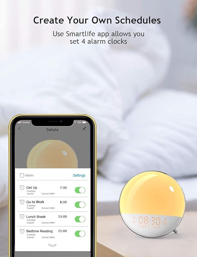 Dekala Smart Sunrise Alarm Clock for Kids, Wake Up Light for Bedrooms, Teens Heavy Sleepers,Sleep Aid with FM Radio, Sunrise/Sunset Simulation, 4 Alarm Clock, 7 Natural Sounds, APP Remote Control-CubbioJoy