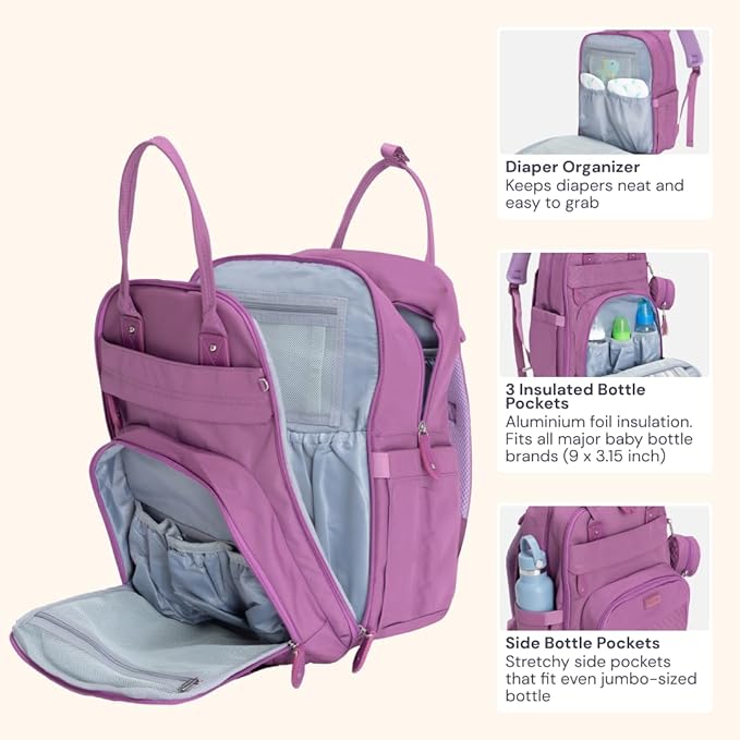 BabbleRoo Diaper Bag Backpack - Baby Essentials Travel Tote - Multi Function Waterproof Diaper Bag, Travel Essentials Baby Bag with Changing Pad, Stroller Straps & Pacifier Case - Unisex, Purple-CubbioJoy