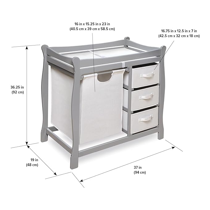 Badger Basket Sleigh-Style Baby Changing Table - Diaper Changing Station with 3 Storage Baskets - Nursery Organizer with Hamper, Changing Pad, Safety Rails - Gray-CubbioJoy