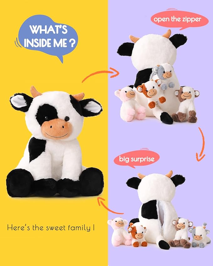 5 Pieces Cow Stuffed Animals for Boys Girls, 1 Mommy Cow with 4 Babies Soft Plush Toy Set Gifts for Kids Children 3 4 5 6 7 8 9 Years, Christmas, Birthday, Party Decorations-CubbioJoy