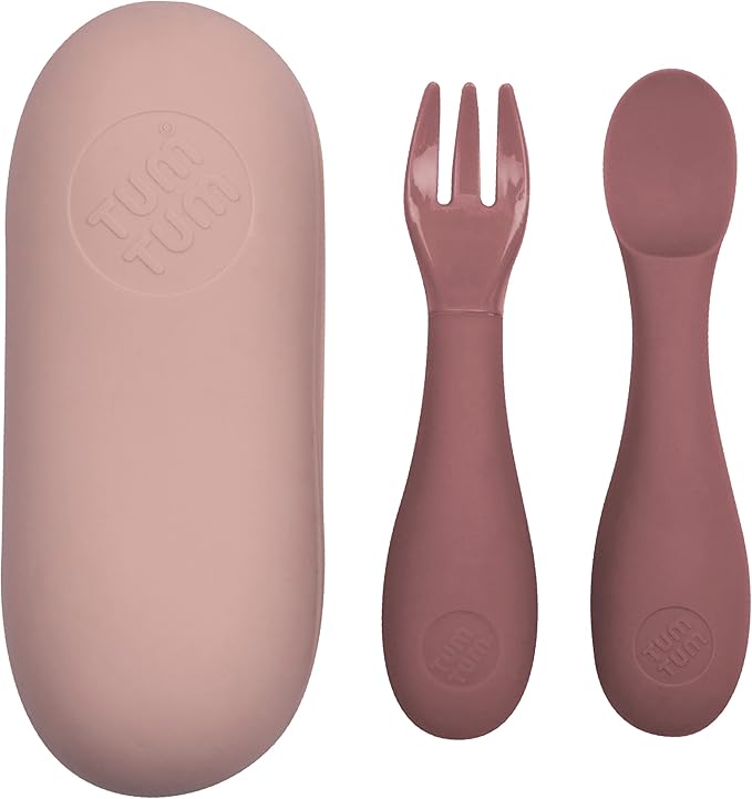Baby Cutlery with Case - Baby Spoon & Fork Set, Self Feeding Cutlery, Silicone, 6+ Months, Pink-CubbioJoy