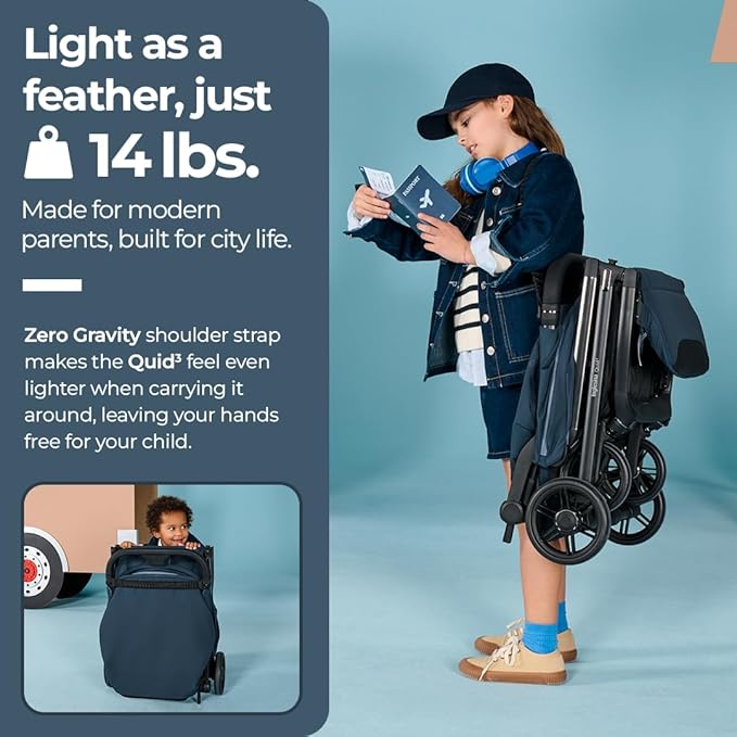 Inglesina Quid³ Stroller, Astral Blue - Compact Reclining Travel Stroller for Baby & Toddler 0-55 lbs, One Hand fold, Car seat Compatible, Airplane Overhead, Lightweight, Foldable, XL UPF 50+ Canopy-CubbioJoy