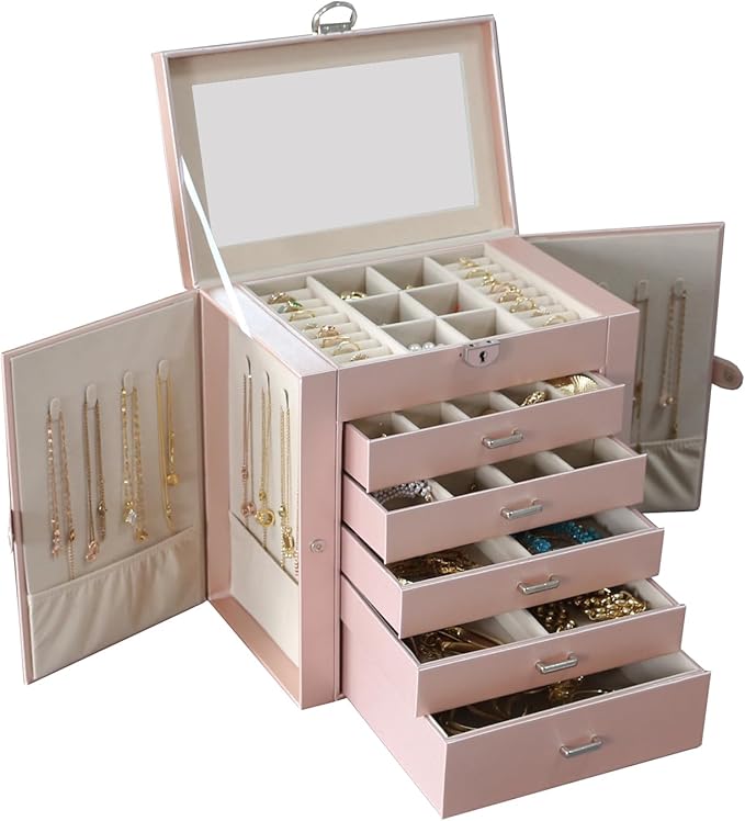 BOOVO Jewelry Box For women, 6 Layer Large Jewelry Organizer With Mirror, Multi-Function Storage Box With Lock, Accessory Holder With 5 Drawers, For Earrings Necklace Ring Bracelet (Rose Gold)-CubbioJoy