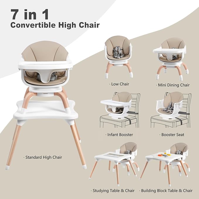 Baby High Chair, 7 in 1 Convertible High Chairs for Babies and Toddlers, Kids Learning Table, Building Block Table, Toddler Dining Chair with 360° Rotating Seat, 5-Point Safety Harness (Khaki)-CubbioJoy