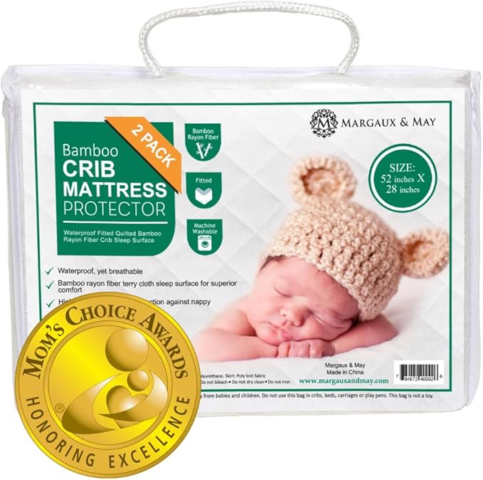 Crib Mattress Protector Pad 2 Pack - Ultra-Soft Waterproof Breathable Premium Bamboo Rayon - Noiseless Fitted Dryer Safe Cover for Crib. High Absorbency Oeko-TEX Certified MARGAUX & MAY-CubbioJoy