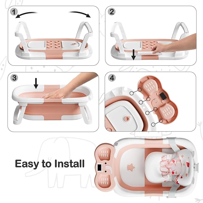 Collapsible Baby Bathtub,Baby Bath Tub with Soft Cushion & Thermometer,Baby Bathtub Newborn to Toddler 0-36 Months,Portable Travel Baby Tub-CubbioJoy