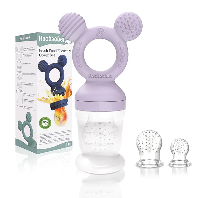 Baby Fruit Feeder, Frozen Teething Toys for Babies, Teether Pacifier with 3 Extra Teats, Eating Essentials, BPA Free Baby Feeding Supplies (Lavender)-CubbioJoy