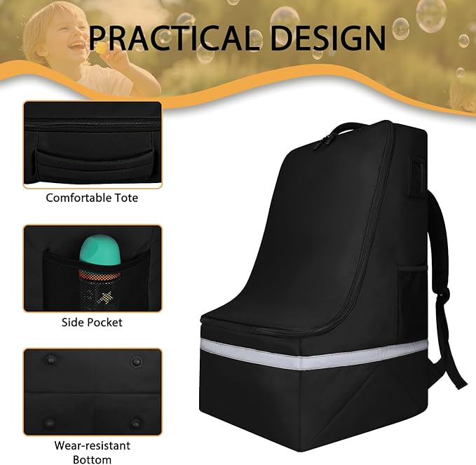 Car Seat Travel Bag for Airplane,Infant Seat Travel Bag with Shoulder Strap,Padded Car Seats Backpack with Reflective Stripes,Large Carseat Carrier Bag Travel Car Seat Cover, Black-CubbioJoy