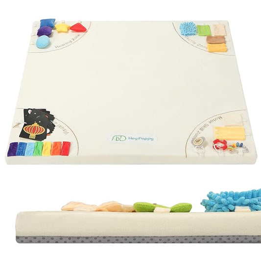 Baby Play Mat, Unique Crawling Mats with 4 Sensory Development Zones for Motor Skills, 50''x50'' Playpen Mats with Non-Slip Cushioned that Fits Nicely Into Any Playroom, Beige-CubbioJoy