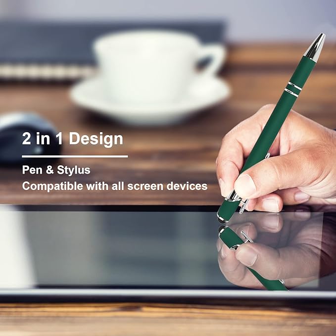 Ballpoint Pen with Stylus Tip, Soft Touch Click Metal Pen, 1.0mm Medium Point, Black Ink, 12 Count(Dark Green)-CubbioJoy