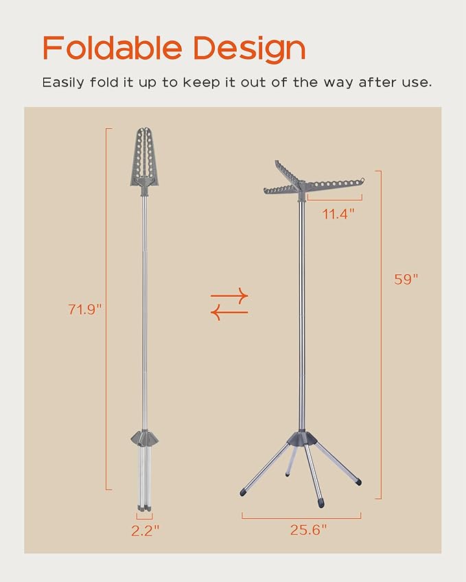 Clothes Drying Rack Foldable, 59 inch Tripod Laundry Drying Rack Indoor with Rotating Clothes Rail for 27 Pieces of Clothes, Space Saving, Stainless Steel, Grey and Silver CDR001G01-CubbioJoy