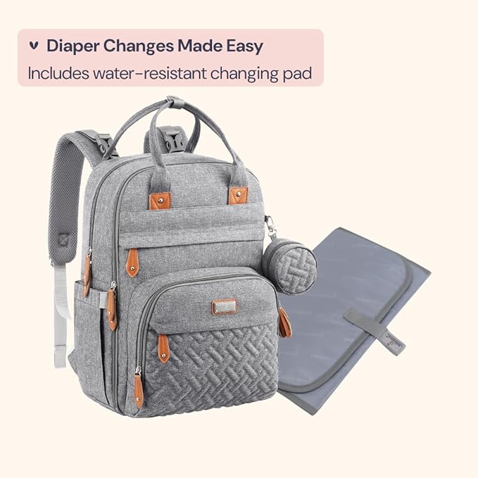 BabbleRoo Diaper Bag Backpack - Baby Essentials Travel Tote - Multi Function Waterproof Diaper Bag, Travel Essentials Baby Bag with Changing Pad, Stroller Straps & Pacifier Case - Unisex, Light Gray-CubbioJoy