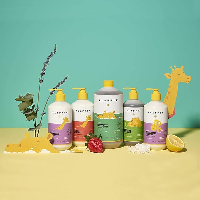 Alaffia Babies and Kids Shampoo and Body Wash, Gentle and Calming Support for Soft Hair and Skin with Shea Butter, Neem, and Coconut Oil, Fair Trade, Coconut Strawberry, 16 Fl Oz-CubbioJoy