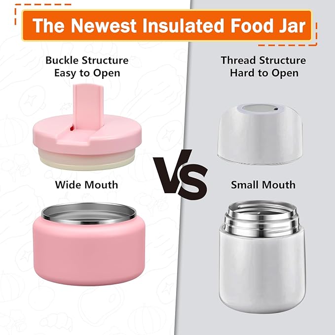 13.5oz Kids Thermos for Hot Food, Insulated Vacuum Food Jar with Buckle Lid, Stainless Steel Wide Mouth Leak Proof Insulated Lunch Container for School Picnic Travel,Pink-CubbioJoy
