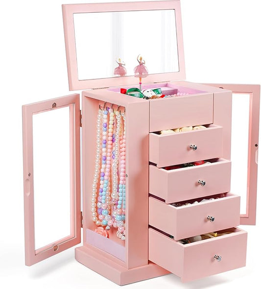 Jewelry Box for Girls, Musical Jewelry Box with Spinning Dancer Gifts for Little Girls Christmas New Year Birthday Children's Day, 5 Layer Large Wooden Kids Music Jewelry Organizer Box(Pink)-CubbioJoy