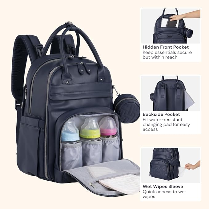 BabbleRoo Leather Diaper Bag Backpack - Baby Essentials Travel Baby Bag, Multi function, with Changing Pad, Stroller Straps & Pacifier Case – Unisex, Midnight Blue-CubbioJoy