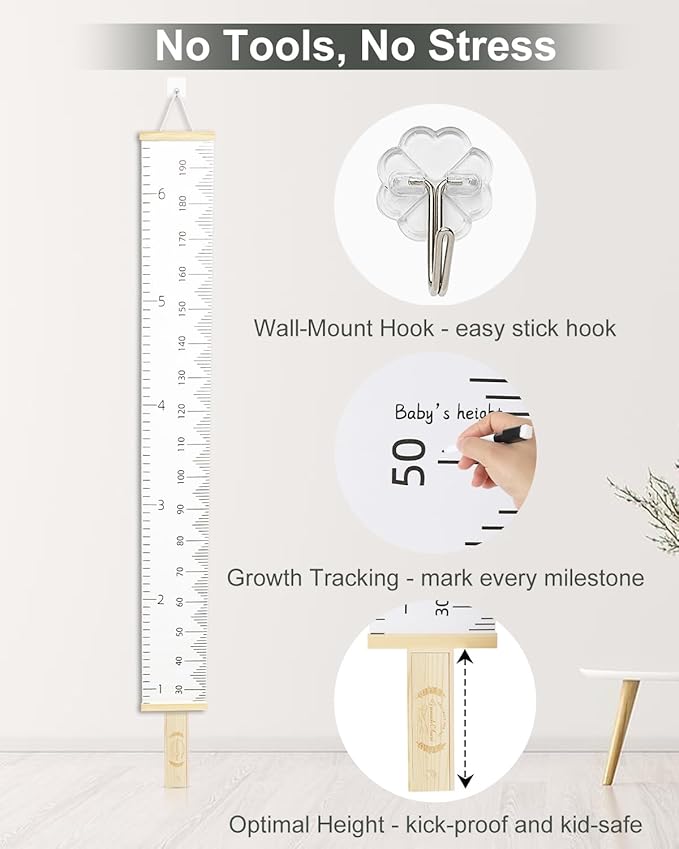 6.5FT Growth Chart for Kids with Wooden Keepsake Box - Children Height Measurement Kit Includes Marker Pen & Wall Hook, Height Tracker Ruler Baby Essentials, Nursery Room Decor Gift for Baby to Teen-CubbioJoy