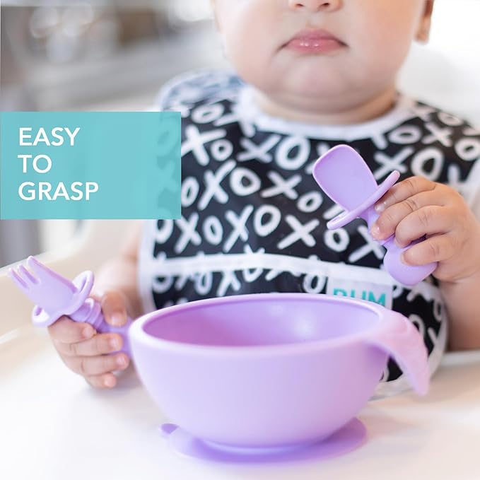 Bumkins Baby Utensils Set, Chewtensils Silicone Spoons for Dipping, Self-Feeding, Baby Led Weaning, Trainer Learning, First Stage Eating, Soft Practice Fork and Spoon, Babies 6 Months, Lavender-CubbioJoy
