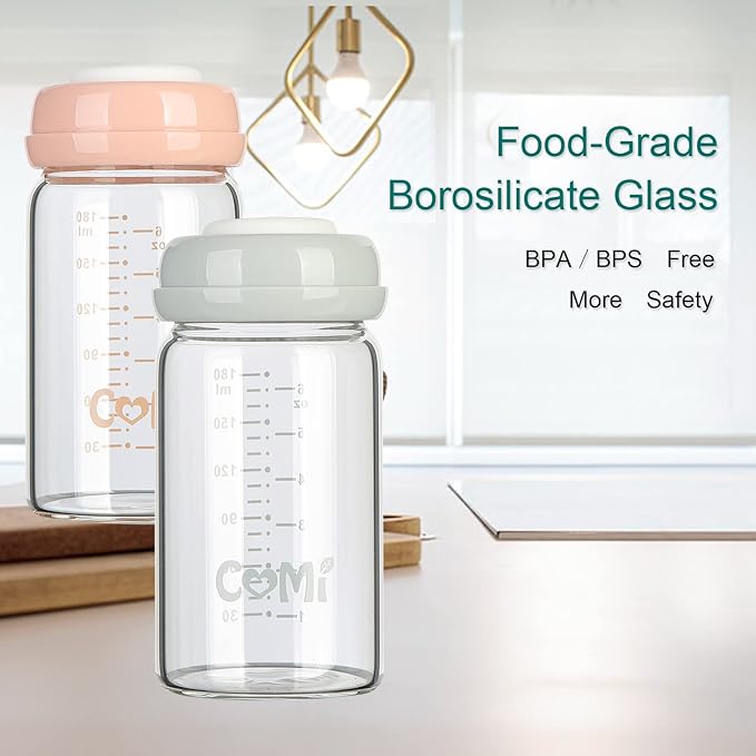 COMI Wide Neck Glass Breastmilk Collection n Storage Bottle, 4 Packs, 6oz with Screw Ring Sealing Disk; Re-markable Sealing Disc. BPA Free, Fits Breast Pumps & Nipples (2 Gray Lids + 2 Pink Lids)-CubbioJoy
