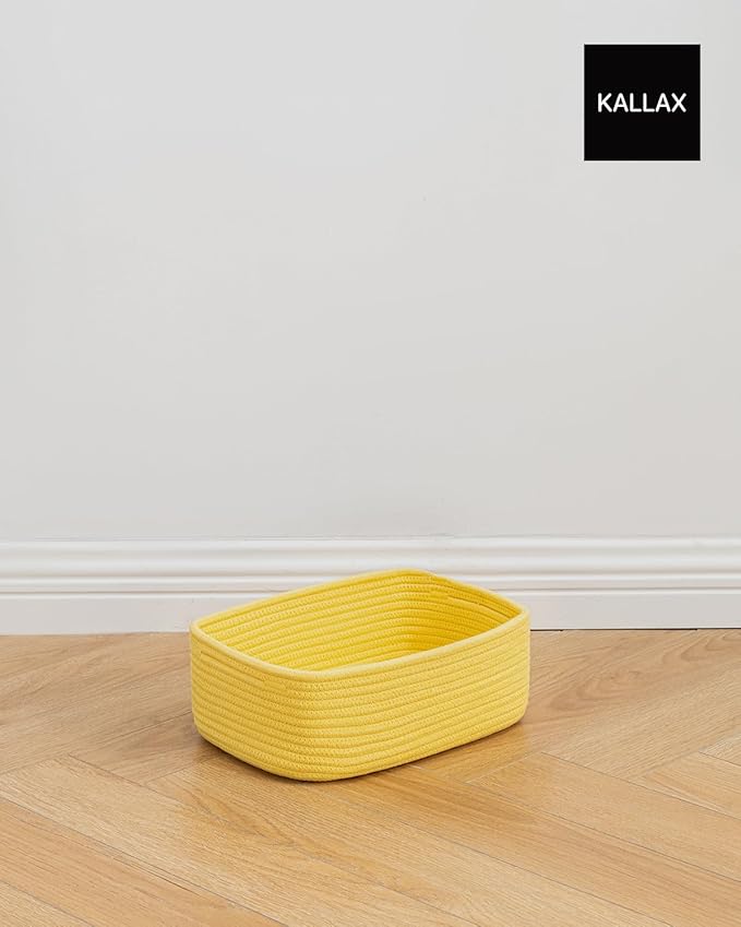 KALLAX Small Woven Basket, 12 x 8 x 4.5 Inches, Storage Basket for Organizing, Cute Small Rope Shelf Closet Cube Storage Bins Baskets for Shelves, Dog Toy Gift Baskets Empty, 3 Pack Yellow-CubbioJoy