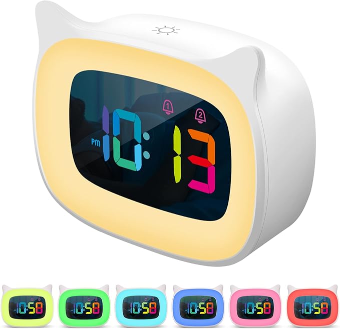 Cute Cat Ear Alarm Clock with RGB 7 Color Night Light & 18 Ringtones,Rechargeable Clock for Kids Bedroom,LED Colorful Digital Display,Bedside Clock for Boys,Girls Birthday Presents(White)-CubbioJoy