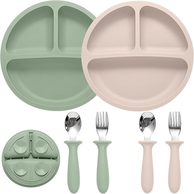 Baby Feeding Set, 2 Pack Silicone Baby Plates with Suction, 2 Pack Spoons and Forks Set for Toddler Utensils, BPA Free, Baby Led Weaning Supplies for Eating Essentials-CubbioJoy