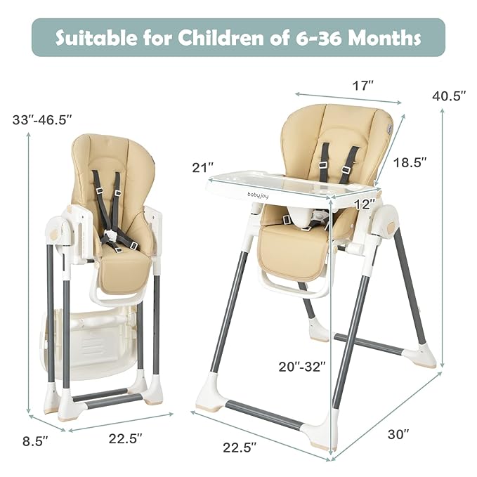 BABY JOY High Chair for Babies & Toddlers, Foldable High Chair w/Adjustable Height/Backrest/Footrest, Double Removable Tray, Book Holder & Storage Bag, Highchair for 6-36 Months Girls Boys (Beige)-CubbioJoy