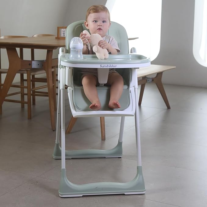 3 in 1 Baby High Chair with Wheels, Adjustable 5 Point Harness, Tray, Foot Rest, Backrest and Seat Height, Foldable High Chair for Toddlers, Green-CubbioJoy