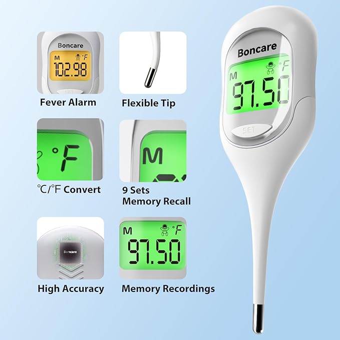 Boncare 9 Seconds Basal Body Thermometer for Ovulation, Oral Thermometer for Adults and Kids - Accurate Rectal Thermometer, with Fever Alarm and Large Display (Rice-White)-CubbioJoy
