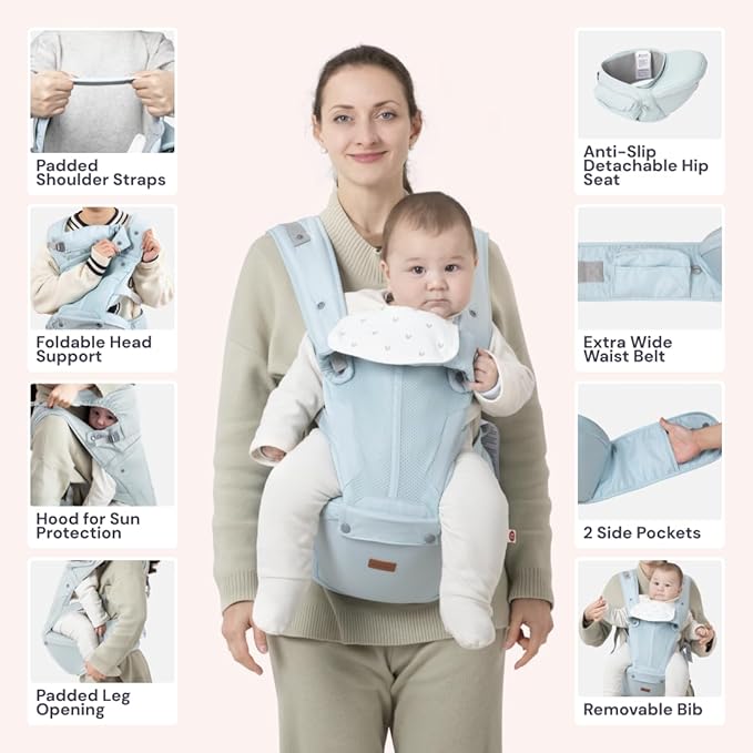 BabbleRoo Grow Carrier – Safety-Certified 6-in-1 Baby Carrier with Hip Seat, Ergonomic & Adjustable Toddler Carrier 7-50 lbs with Hip Support, Hood for Sun Protection, Newborn to Toddler, Seafoam-CubbioJoy