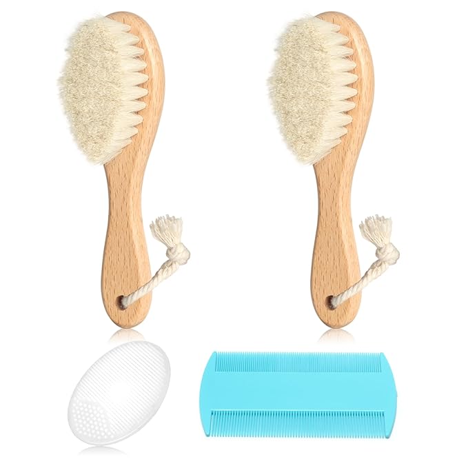 Baby Hair Brush and Comb Set, 2pcs Wooden Natural Goat Bristles Brush+ Blue Comb+ White Cradle Cap Brush Grooming Kit for Newborns Toddlers Boys Girls-CubbioJoy