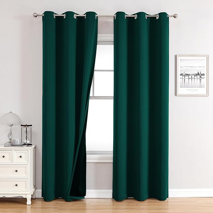 ChrisDowa 100% Blackout Curtains for Bedroom with Black Liner, 2 Thick Layers Total Blackout Thermal Insulated Grommet Window Curtains 2 Panels Set (Forest Green, 42 x 84 Inch)-CubbioJoy