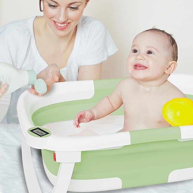 Collapsible Baby Bathtub,Baby Bath Tub with Soft Cushion & Thermometer,Baby Bathtub Newborn to Toddler 0-36 Months,Portable Travel Baby Tub-CubbioJoy