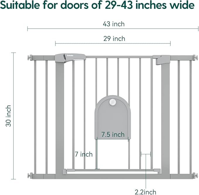 Babelio Auto Close Baby Gate with Small Cat Door, 29-43" Metal Cat Gate for Doorway, Stairs, House, Easy Walk Thru Dog Gate with pet Door, Includes 4 Wall Cups and 3 Extension Pieces, Gray-CubbioJoy