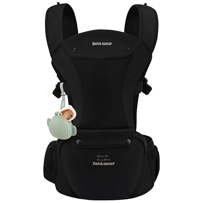 Bebamour Baby Carrier with Hip Seat,All-Position Breathable Mesh Hip Seat & Carrier 0-36Months with Head Hood, 3 PCS Teething Pads, Waist Extender,Storage Bag & Pacifier Case(Black)-CubbioJoy