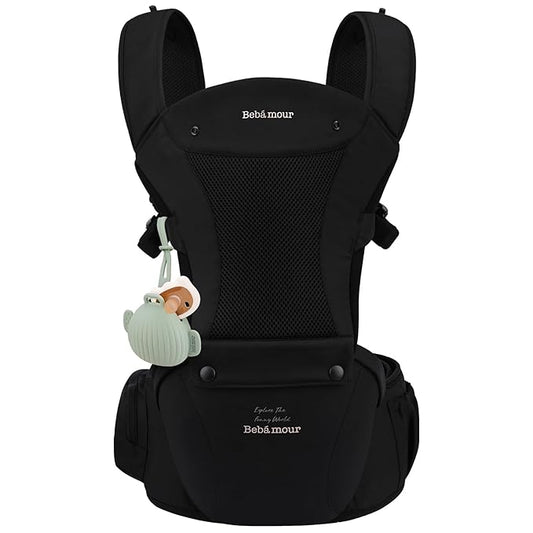 Bebamour Baby Carrier with Hip Seat,All-Position Breathable Mesh Hip Seat & Carrier 0-36Months with Head Hood, 3 PCS Teething Pads, Waist Extender,Storage Bag & Pacifier Case(Black)-CubbioJoy