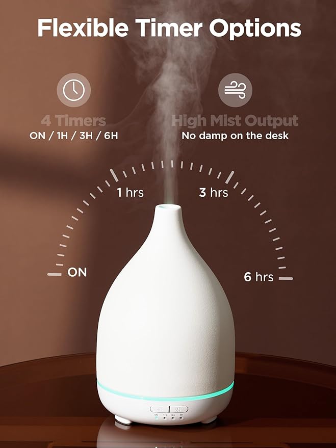 InnoGear Oil Diffuser, 300ML Ceramic Diffuser for Essential Oils Handcrafted Aromatherapy Diffuser Ultrasonic Cool Mist Humidifier with 4 Timers Waterless Auto Off for Room Office, White Base-CubbioJoy
