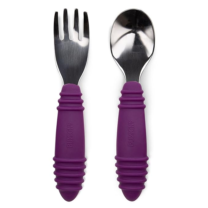 Bumkins Toddler Utensils, Kids Size Fork and Spoon Set, Silicone and Stainless-Steel Training Silverware, Angled Forks / Sporks for Self-Feeding, Children Hold Learning to Eat, 18 Months Up, Purple-CubbioJoy