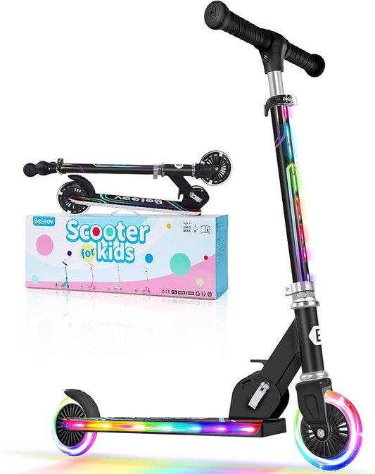 BELEEV V2 Scooters for Kids with Light-Up Wheels & Stem & Deck, 2 Wheel Folding Scooter for Girls Boys, 3 Adjustable Height, Non-Slip Pattern Deck, Lightweight Kick Scooter for Children Ages 3-12-CubbioJoy