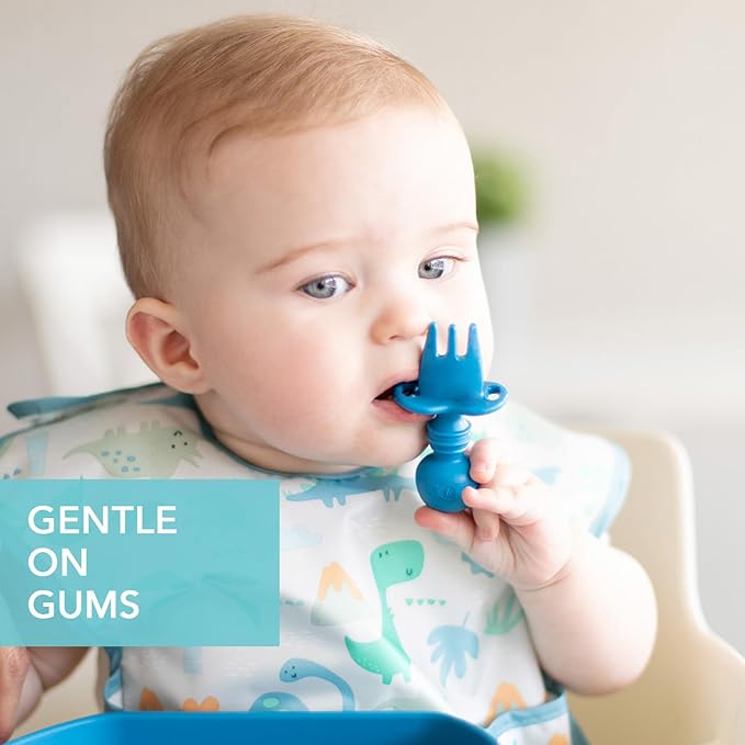 Bumkins Baby Utensils Set, Chewtensils Silicone Spoons for Dipping, Self-Feeding, Baby Led Weaning, Trainer Learning, First Stage Eating, Soft Practice Fork and Spoon, Babies 6 Months, Dark Blue-CubbioJoy