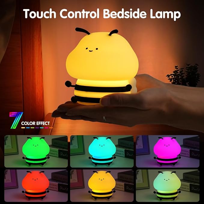 Bee Night Light for Kids,Cute Squishy Silicone Nursery Night Lamp Kawaii Animal Bedside Nightlight with 7 Colors 3 Levels Dimmable Tap Control Rechargeable Nightlights for Kids, Room Decor-CubbioJoy