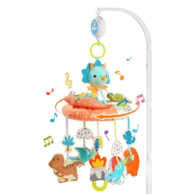 Jollybaby Nursery Baby Automatic Rotating Dinosaur Crib Mobile with Music Box & Arm, Montessori Sensory Musical Hanging Toy for Bassinet, Newborn Clip on Crib Mobile Soother Toy Gift, Polyester-CubbioJoy