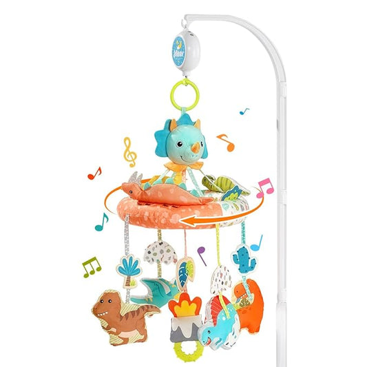 Jollybaby Nursery Baby Automatic Rotating Dinosaur Crib Mobile with Music Box & Arm, Montessori Sensory Musical Hanging Toy for Bassinet, Newborn Clip on Crib Mobile Soother Toy Gift, Polyester-CubbioJoy