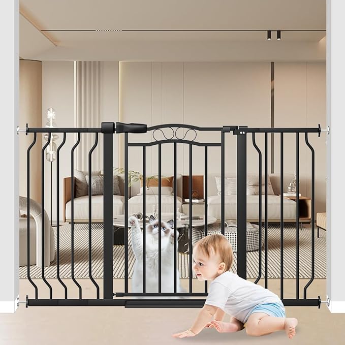 Baby Gate for Stairs 29.53"-53.1" Extra Wide, Pressure Mounted Dog Gate Indoor, Walk Thru Pet Gate for Cat Dog Child,Pet Gates for The House Doorway Black-CubbioJoy