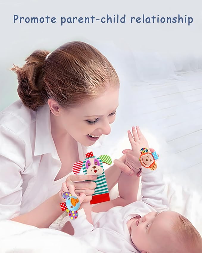 Infant Rattle Socks Toys 0 to 12 Months, Baby Wrist Rattle Foot Finder Socks Set, Birthday Holiday Present for Newborn Boy Girl 0/3/4/6/7/8/9/12/18 Months Kids Toddler, Gift Box Package (4A)-CubbioJoy