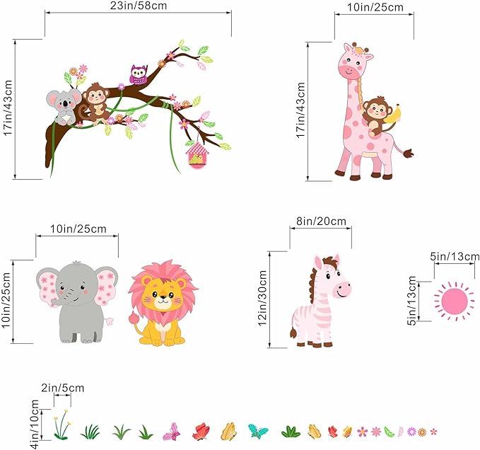 Animals Wall Decals for Girls Kids: Peel and Stick Elephant Giraffe Lion Monkey Wall Stickers - Baby Nursery Boys Room Girls Bedroom - Children Supplies Ages 1-12 Years Wall Decor Art-CubbioJoy