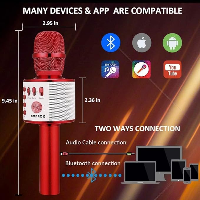 BONAOK Wireless Bluetooth Karaoke Microphone,3-in-1 Portable Handheld Mic Speaker Machine Birthday Home Party for PC or All Smartphone(Q37 Red)-CubbioJoy